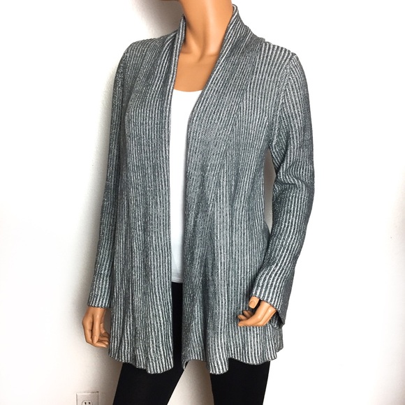 Gray & White Draped Collar Knit Open Cardigan - Picture 2 of 8